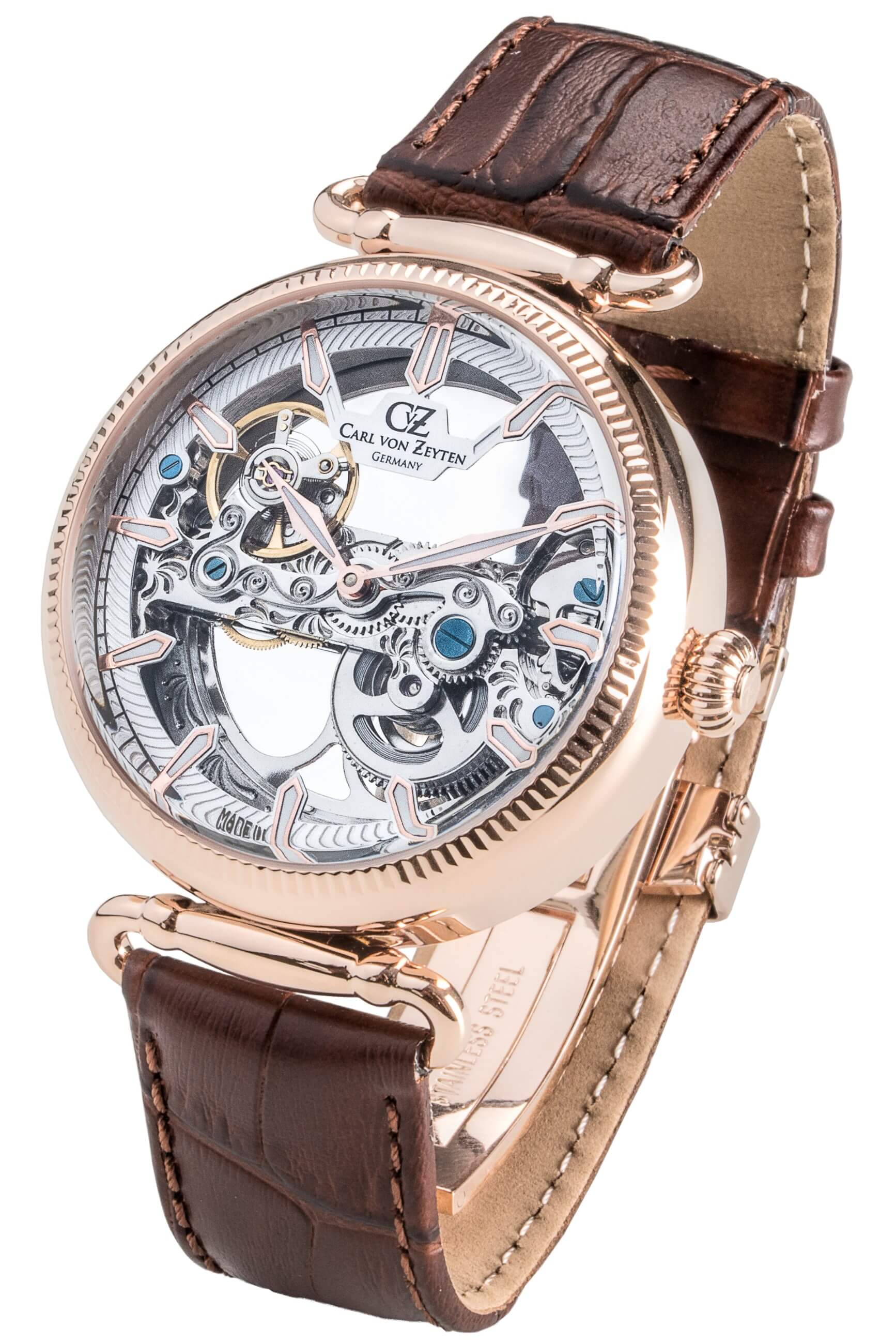 Carl von Zeyten Armbanduhr mit Skelettzifferblatt, braunem Lederband, roségoldfarbenem Gehäuse