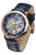 Herrenuhr: blaues Skelett-Zifferblatt, roségoldene Lünette, blaues Lederarmband