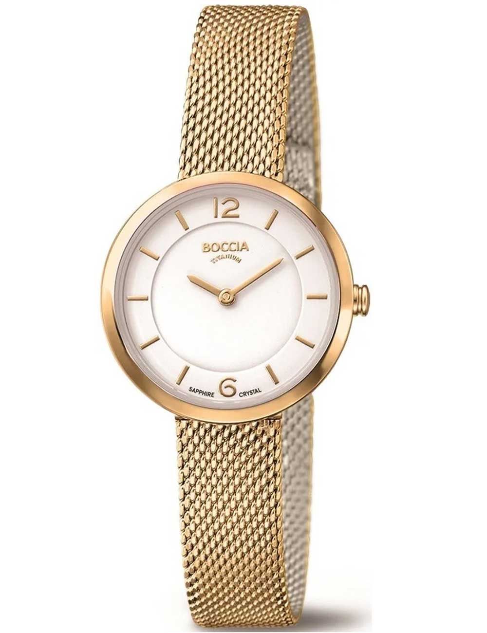 Boccia Slim Damenarmbanduhr mit goldfarbenem Meshband, rundem Gehäuse, weißem Zifferblatt