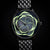 Schwarze Damenarmbanduhr mit Metallarmband und grünem Blüten-Zifferblatt