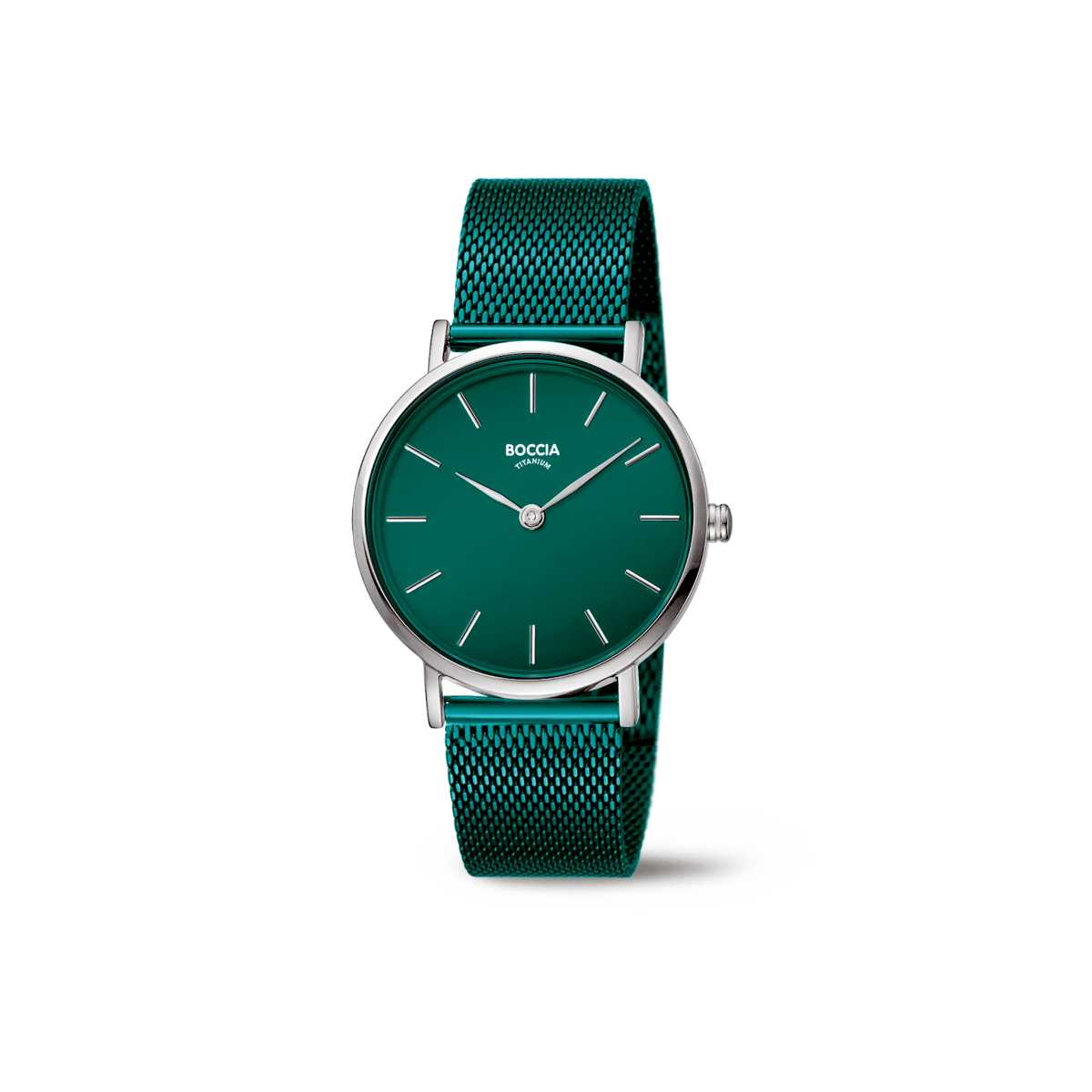 Boccia Damenarmbanduhr mit grünem Zifferblatt und Milanaiseband, Titan-Gehäuse