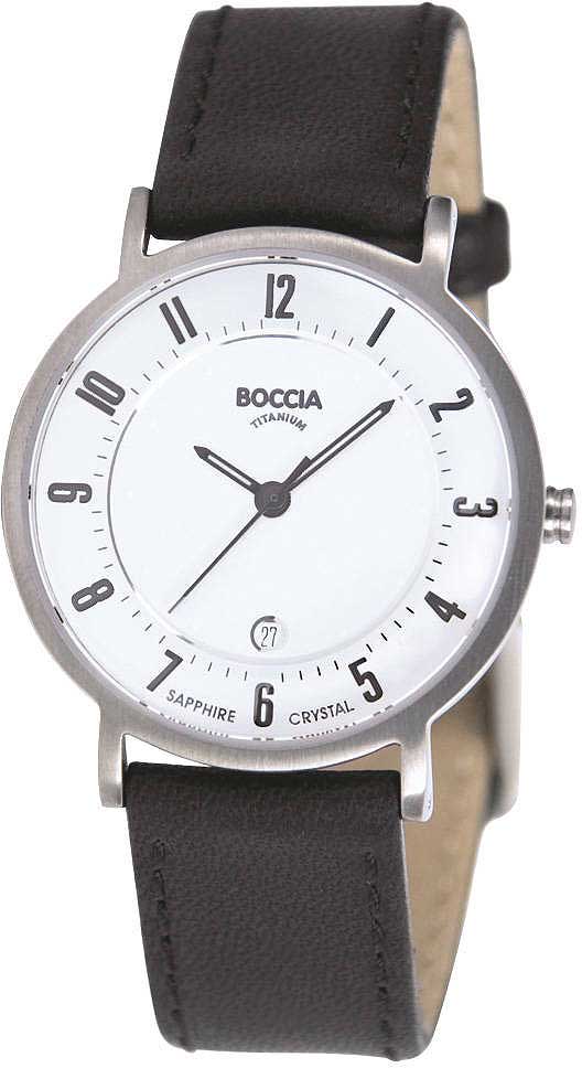 "Damklocka med svart läderarmband, silverfärgat hölje och vit urtavla från Boccia"