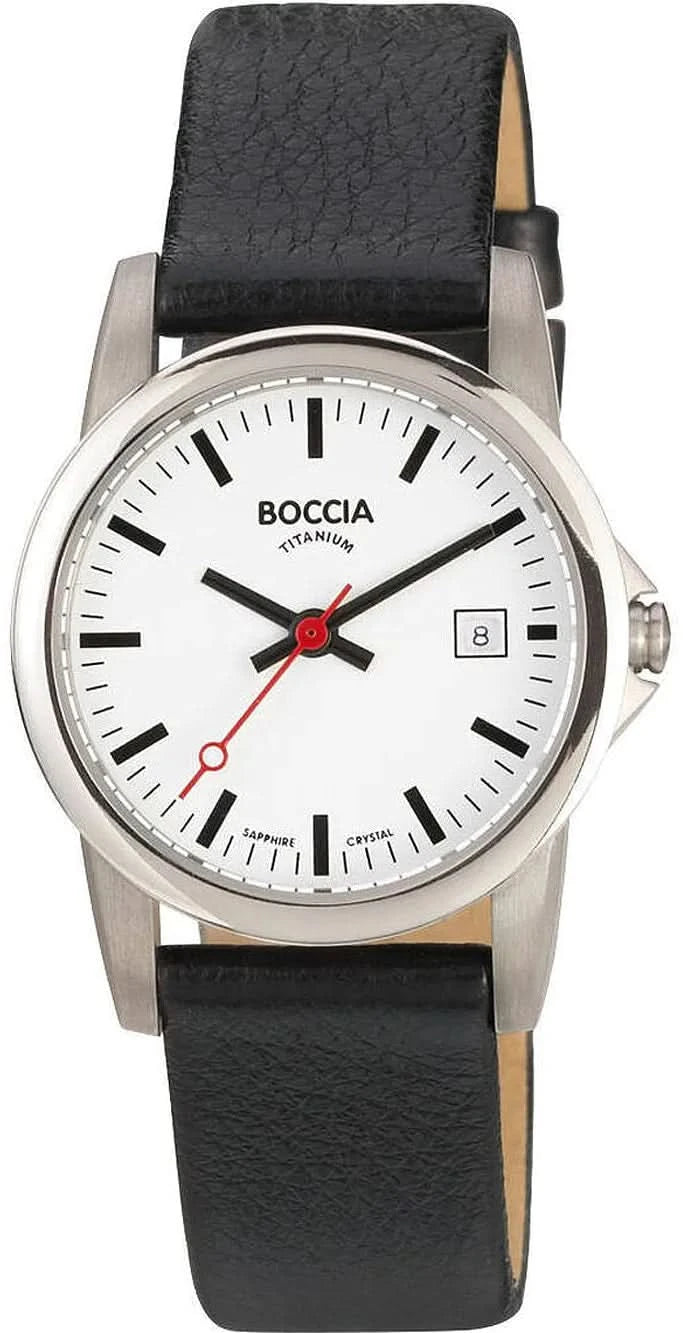 Damklocka Boccia med svart läderarmband, vit urtavla, röda visare, datumvisning