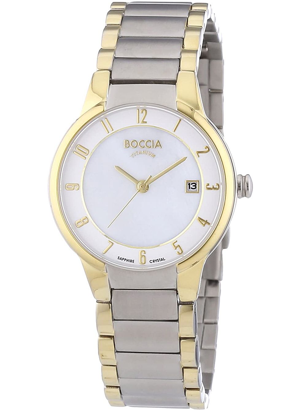 Boccia Damenuhr mit zweifarbigem Metallarmband und weißem Zifferblatt, runde Anzeige