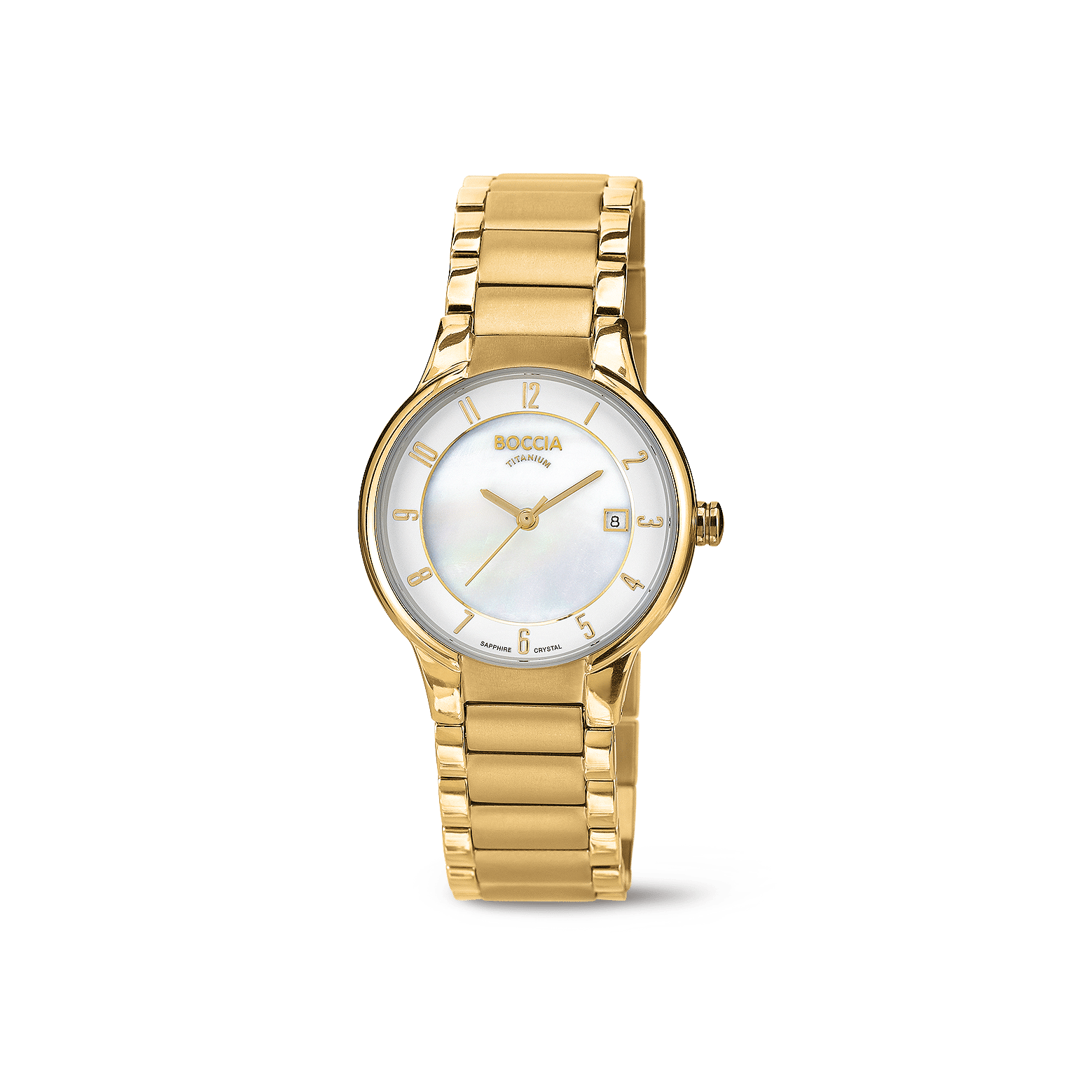 Damenarmbanduhr mit goldfarbenem Gliederarmband, rundem weißem Zifferblatt und goldenen Zeigern