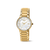 Damenarmbanduhr mit goldfarbenem Gliederarmband, rundem weißem Zifferblatt und goldenen Zeigern