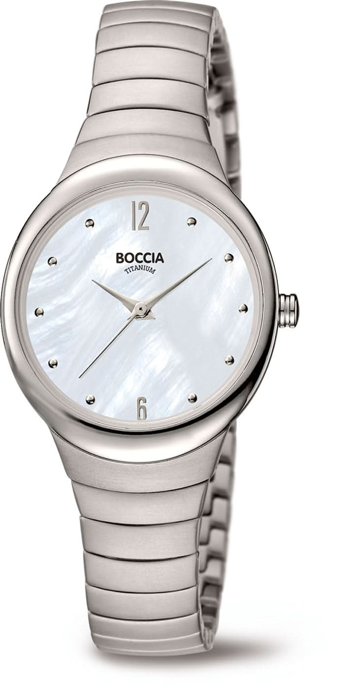Boccia damklocka med silverfärgat metallarmband och rund vit urtavla