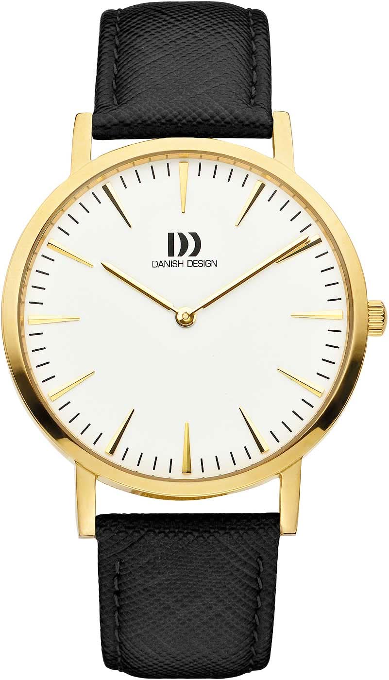 Dansk design herrur med svart läderarmband, guldfärgat boett och vit urtavla