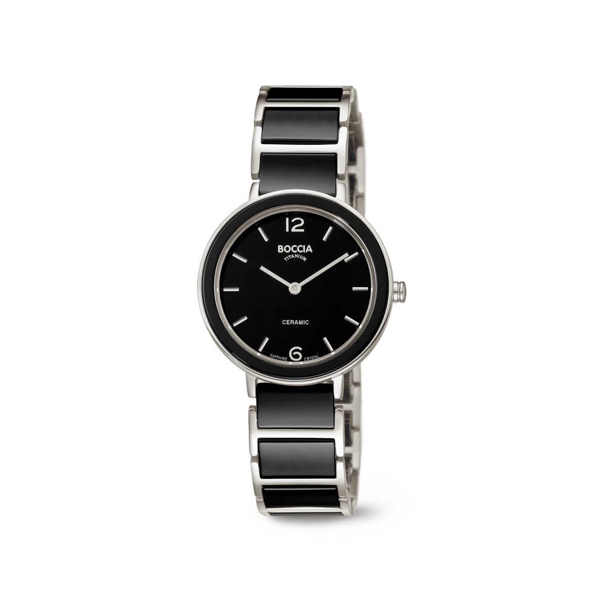Boccia Damenarmbanduhr mit schwarzem Zifferblatt, Keramikgehäuse und Metallband
