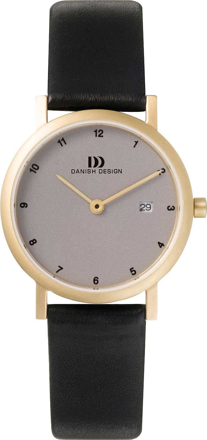 "Damklocka från Danish Design med runt guldfärgat hölje, svart läderband och beige urtavla"