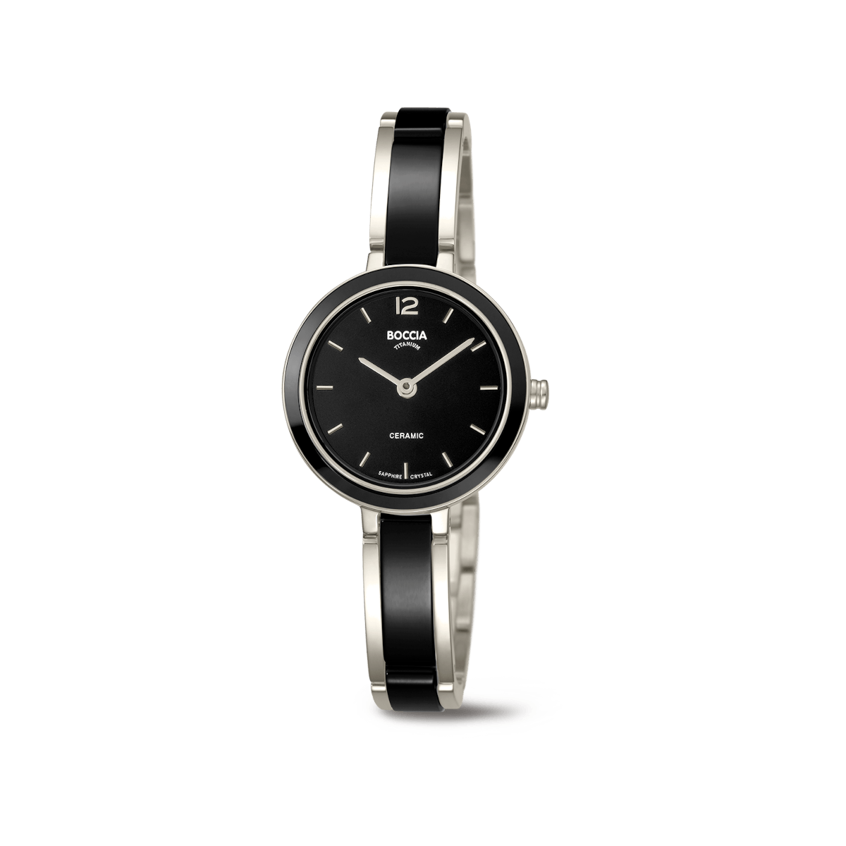 Boccia Damenarmbanduhr mit schwarzem Zifferblatt, Keramikarmband und Reintitan