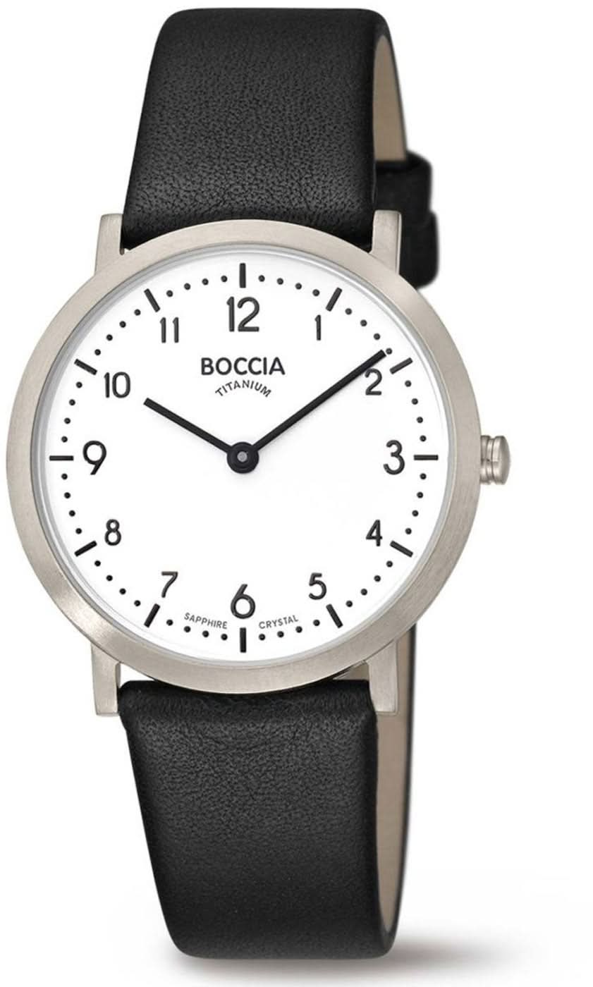 "Damklocka med svart läderarmband, silverfärgat hölje och vit urtavla (Boccia)."