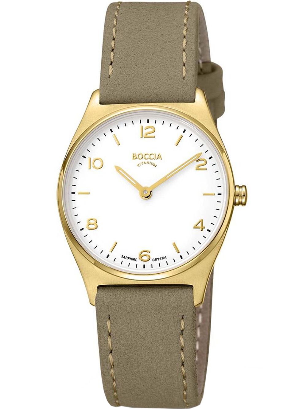 Boccia Damenarmbanduhr mit goldenem Gehäuse, weißem Zifferblatt und braunem Lederband