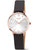 Damenuhr mit roségoldener Titanlünette, weißem Zifferblatt und schwarzem Lederarmband.