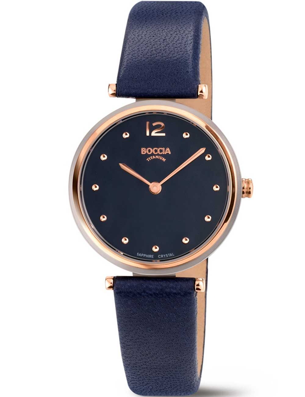 Boccia Damenarmbanduhr mit blauem Zifferblatt, Lederarmband und rundem Gehäuse