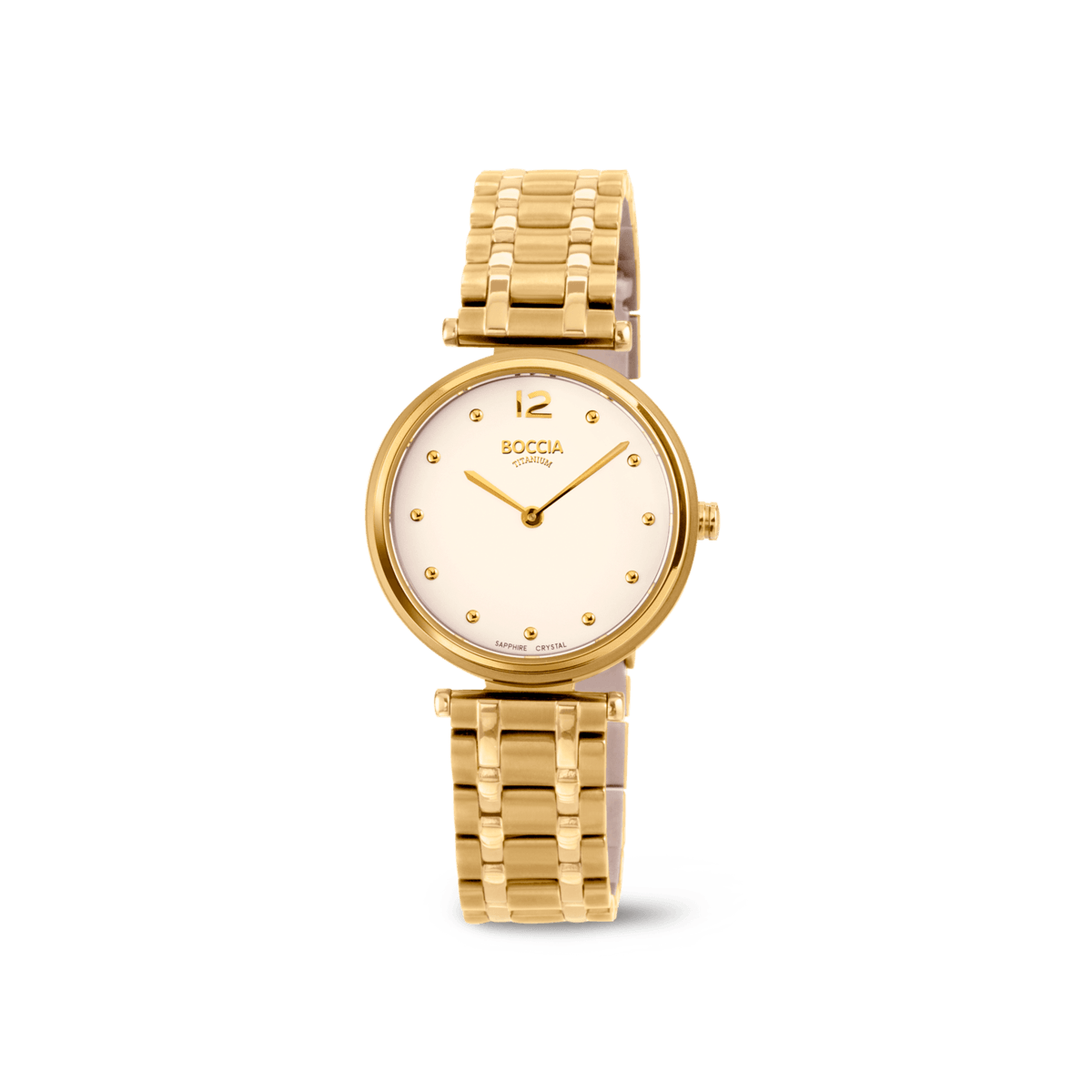 Boccia Damenarmbanduhr mit rundem, goldenem Gliederarmband und weißem Zifferblatt