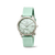 Damenuhr mit silbernem Gehäuse, perlmuttfarbenem Zifferblatt und mintfarbenem Textilband