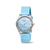 Damenuhr mit silbernem Gehäuse, perlmuttfarbenem Zifferblatt und blauem Textilband