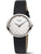 Silberne Damenarmbanduhr mit schwarzem Lederarmband und weißem Zifferblatt
