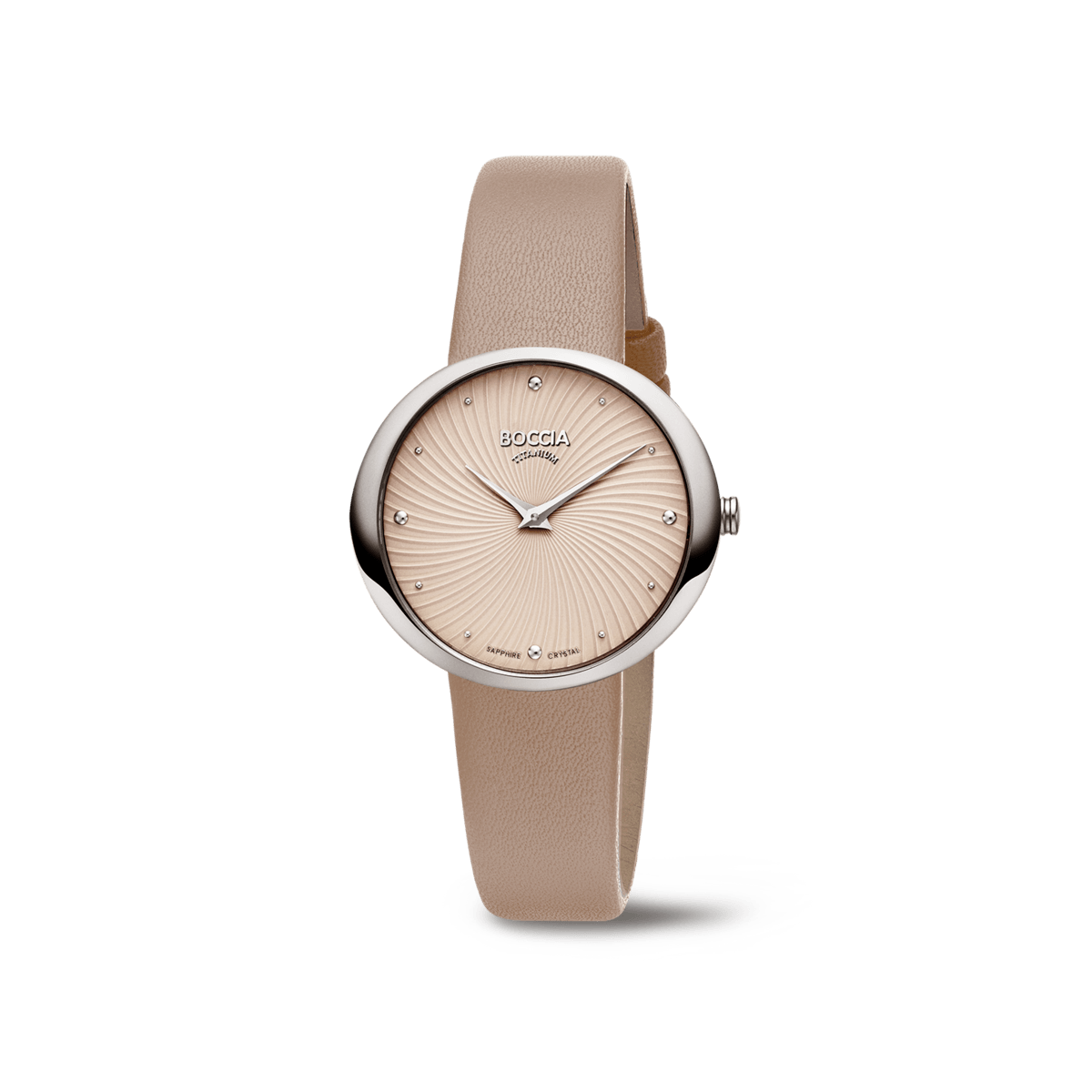 Damenarmbanduhr Boccia mit braunem Lederarmband und beigem Sonnenschliff-Zifferblatt