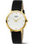 Goldene Damenarmbanduhr mit schwarzem Lederband und weißem Zifferblatt, rundes Gehäuse