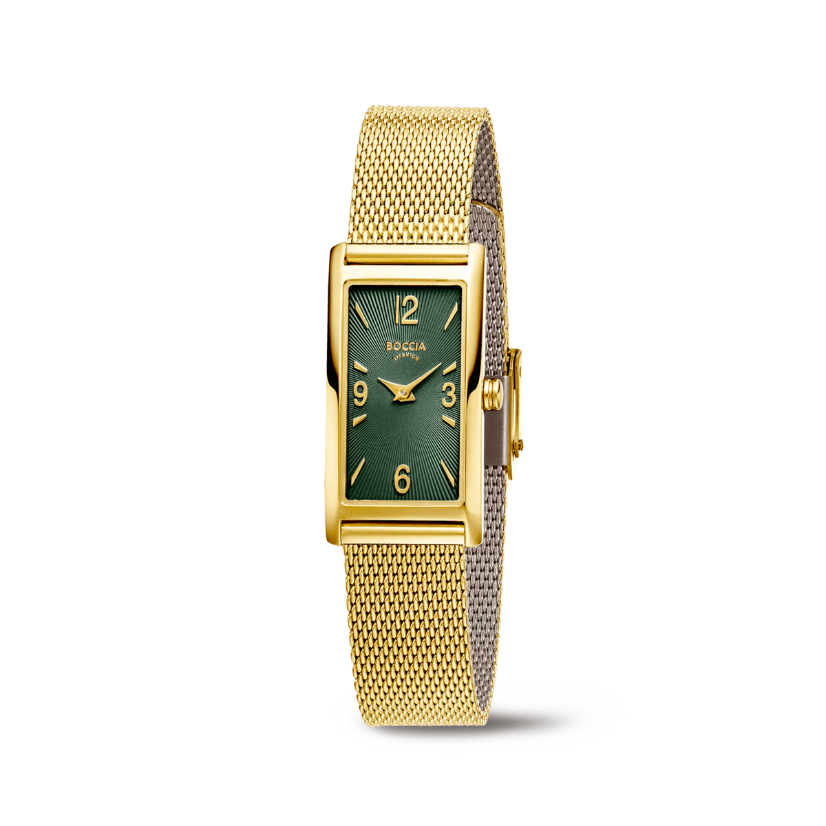 Boccia Damenuhr mit goldfarbenem Milanaise-Metallarmband und grünem Zifferblatt