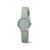 Damenarmbanduhr, hellgraues Armband, silberfarbene Lünette, grünes Zifferblatt