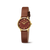 Damenarmbanduhr, braunes Lederarmband, goldfarbene Lünette, dunkelrotes Zifferblatt