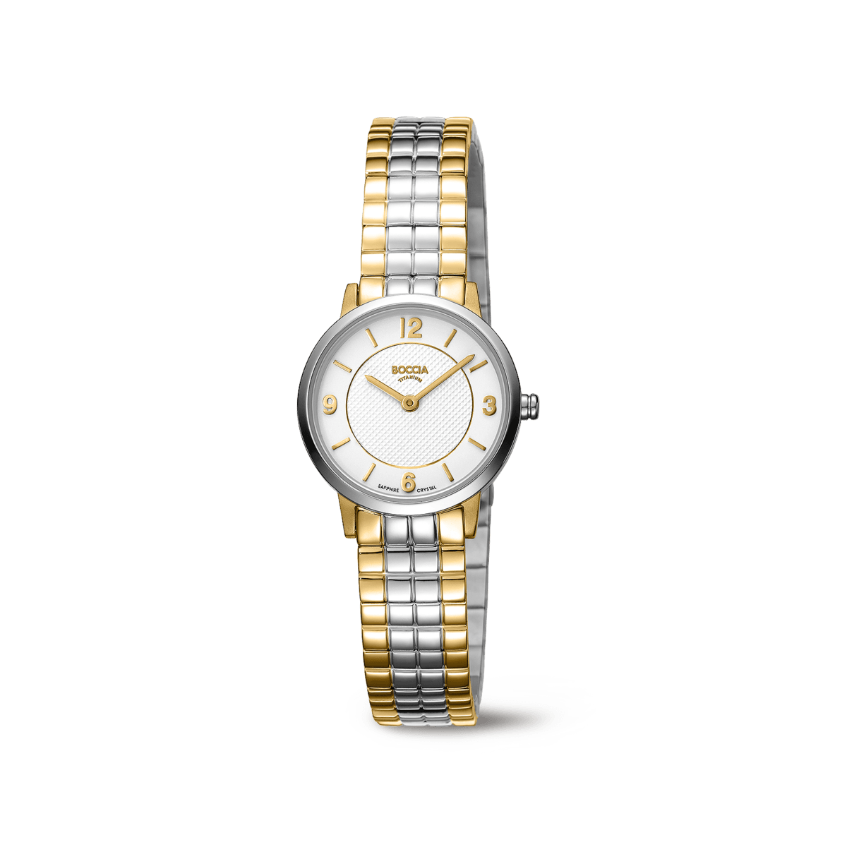 Damenarmbanduhr mit goldfarbenem Metallarmband und weißem Zifferblatt