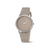 Beige Damenarmbanduhr mit silberner Steinumrandung und beigem Lederband