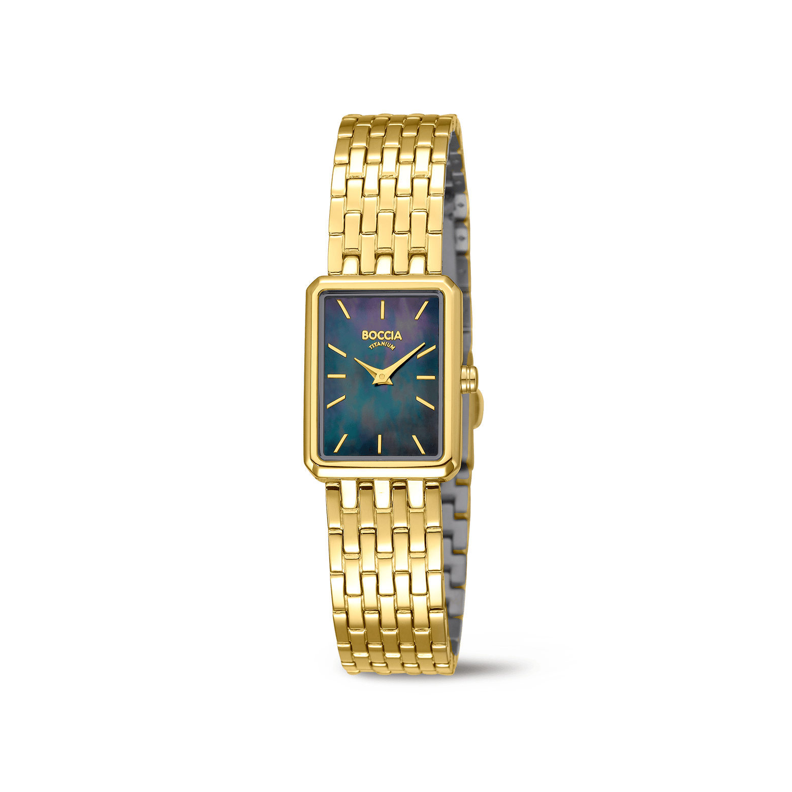 Boccia Damenarmbanduhr mit goldfarbenem Metallband und dunklem Perlmuttzifferblatt