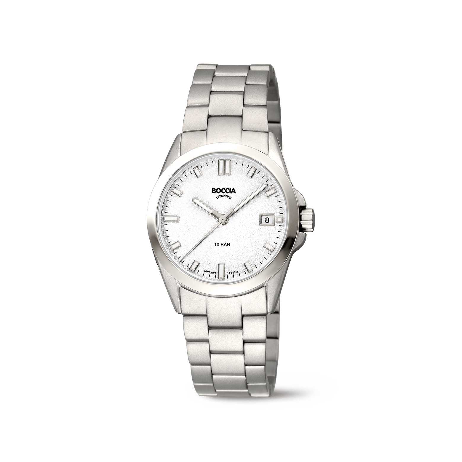 Damenarmbanduhr mit Metallarmband, silbernem Zifferblatt, Indexen und Datumsanzeige bei 8