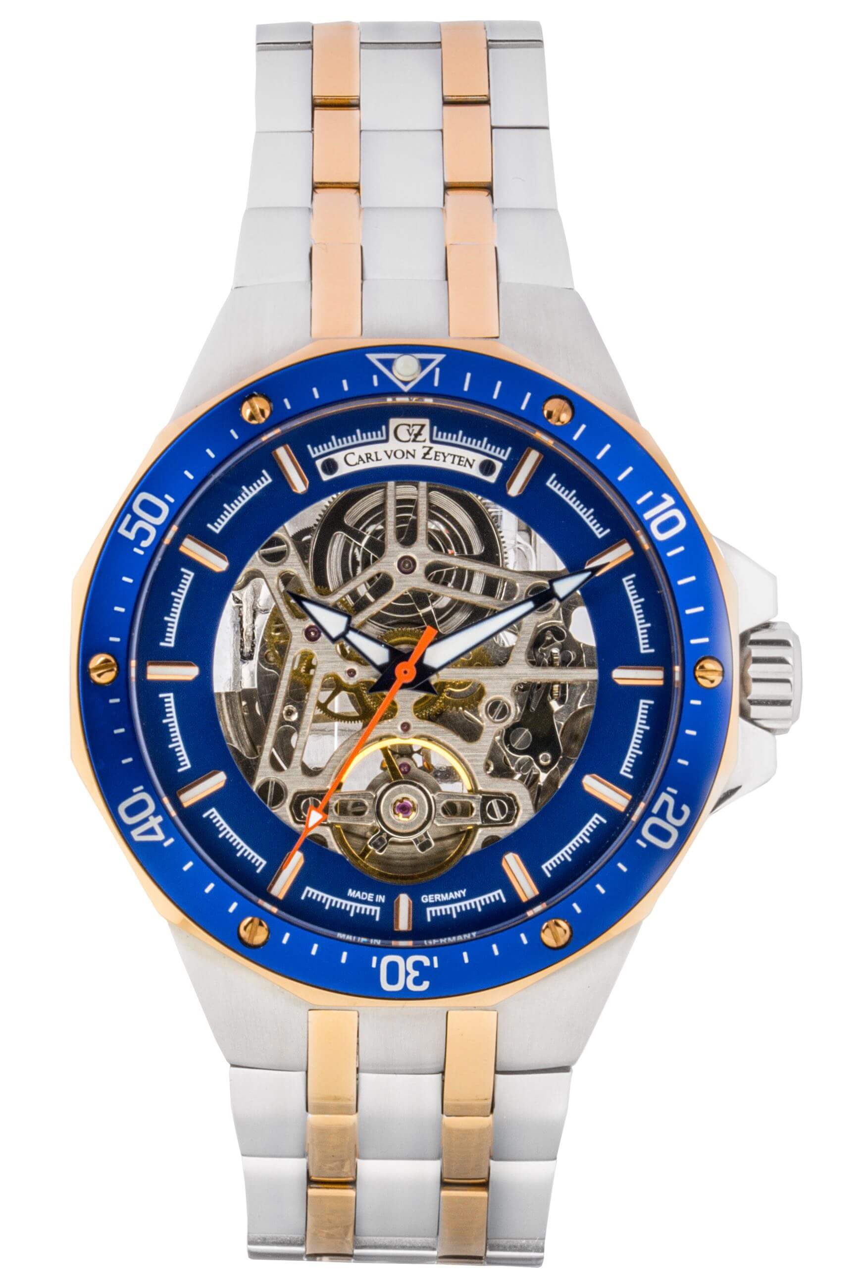 Bicolor Herrenuhr mit blauem Zifferblatt und Skelettuhrwerk, Metallarmband