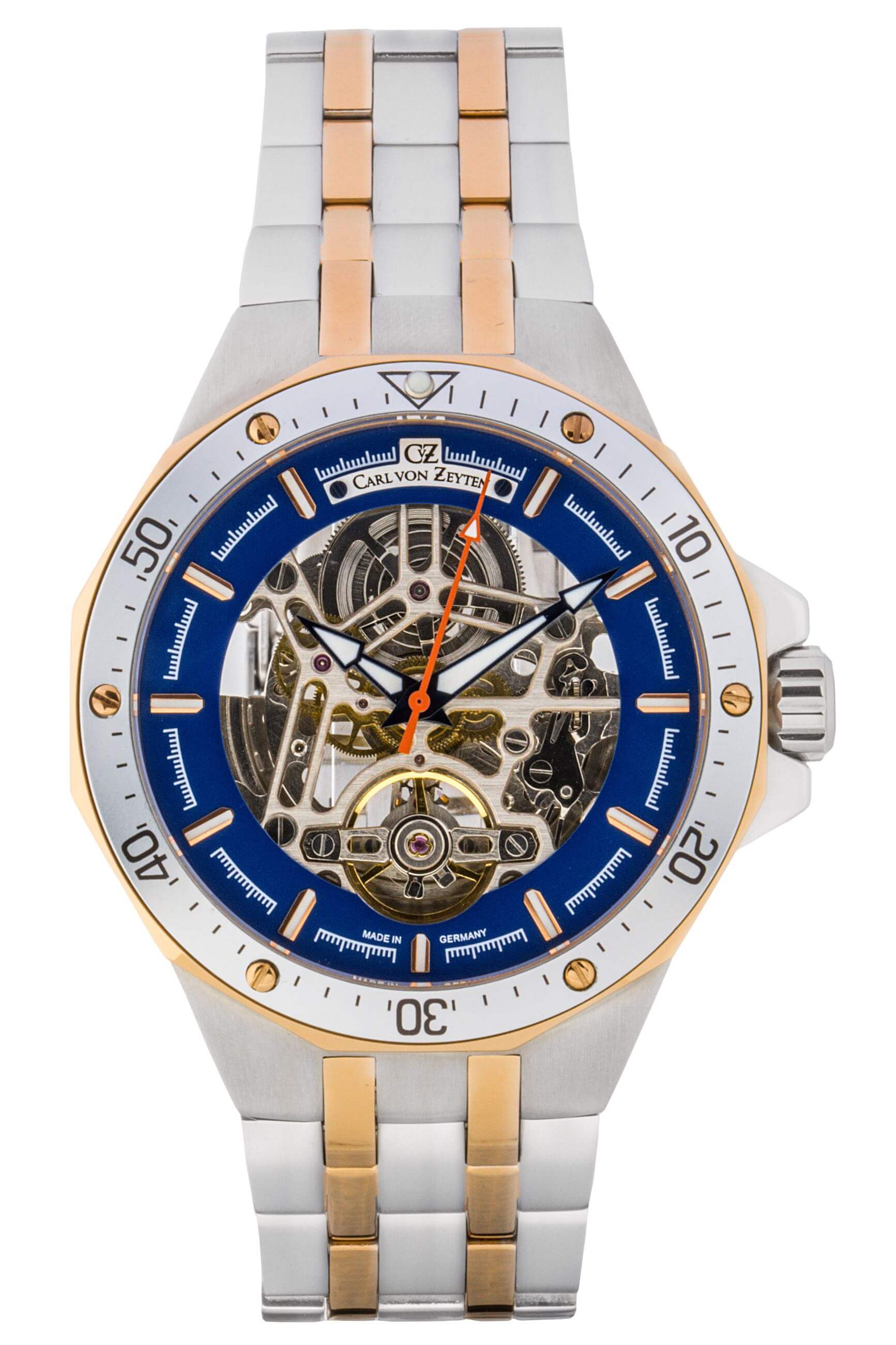Bicolor Herrenuhr mit blauem Skelettzifferblatt und Edelstahlarmband