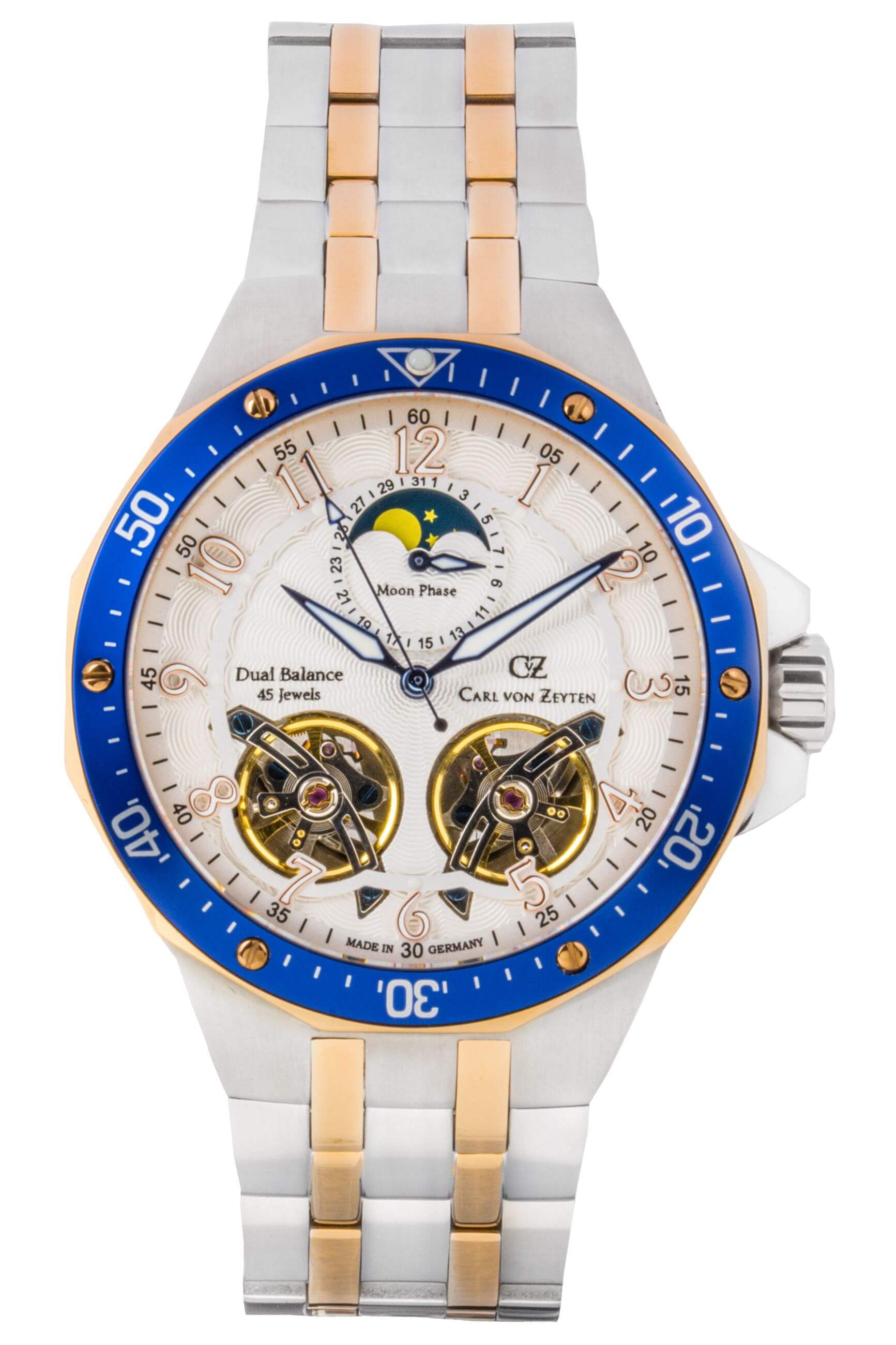 Herrenuhr: weißes Zifferblatt, blaue Lünette, Bicolor-Metallband, Mondphase