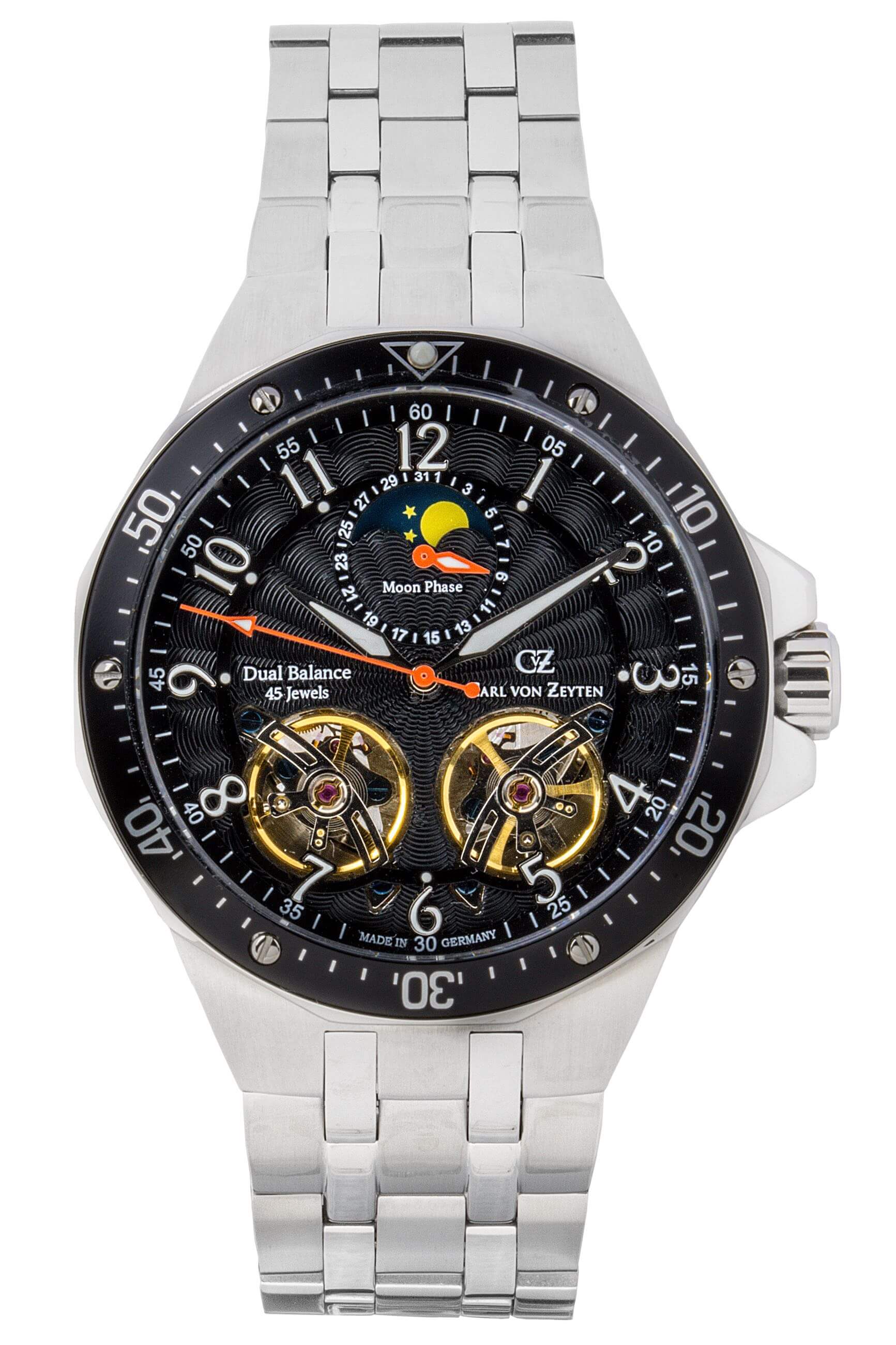 Carl von Zeyten Herrenuhr: schwarzes Zifferblatt, Mondphase, Stahlarmband, Automatik