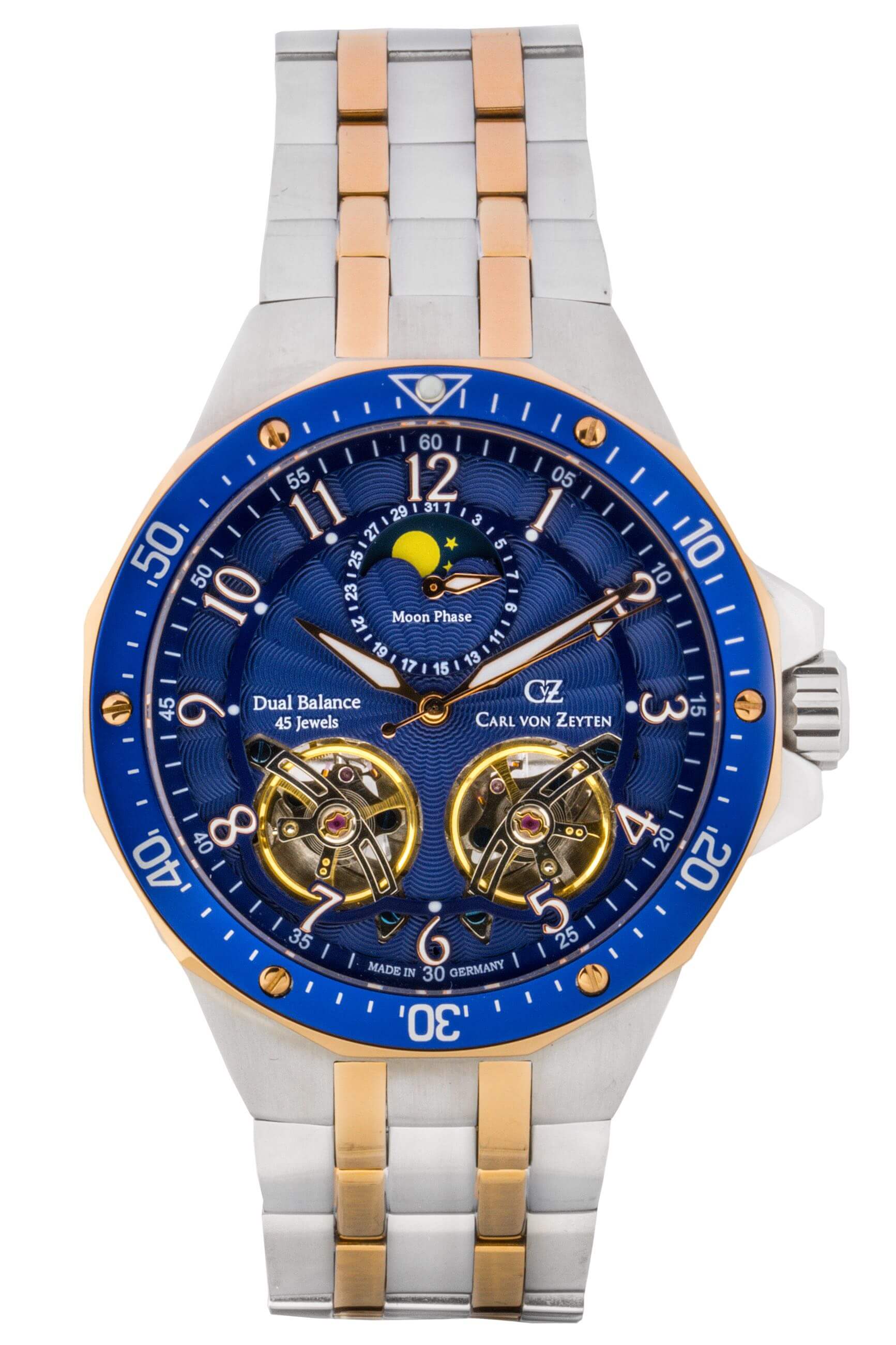 Herrenuhr mit blauem Zifferblatt und Mondphase, bicolor Edelstahlarmband