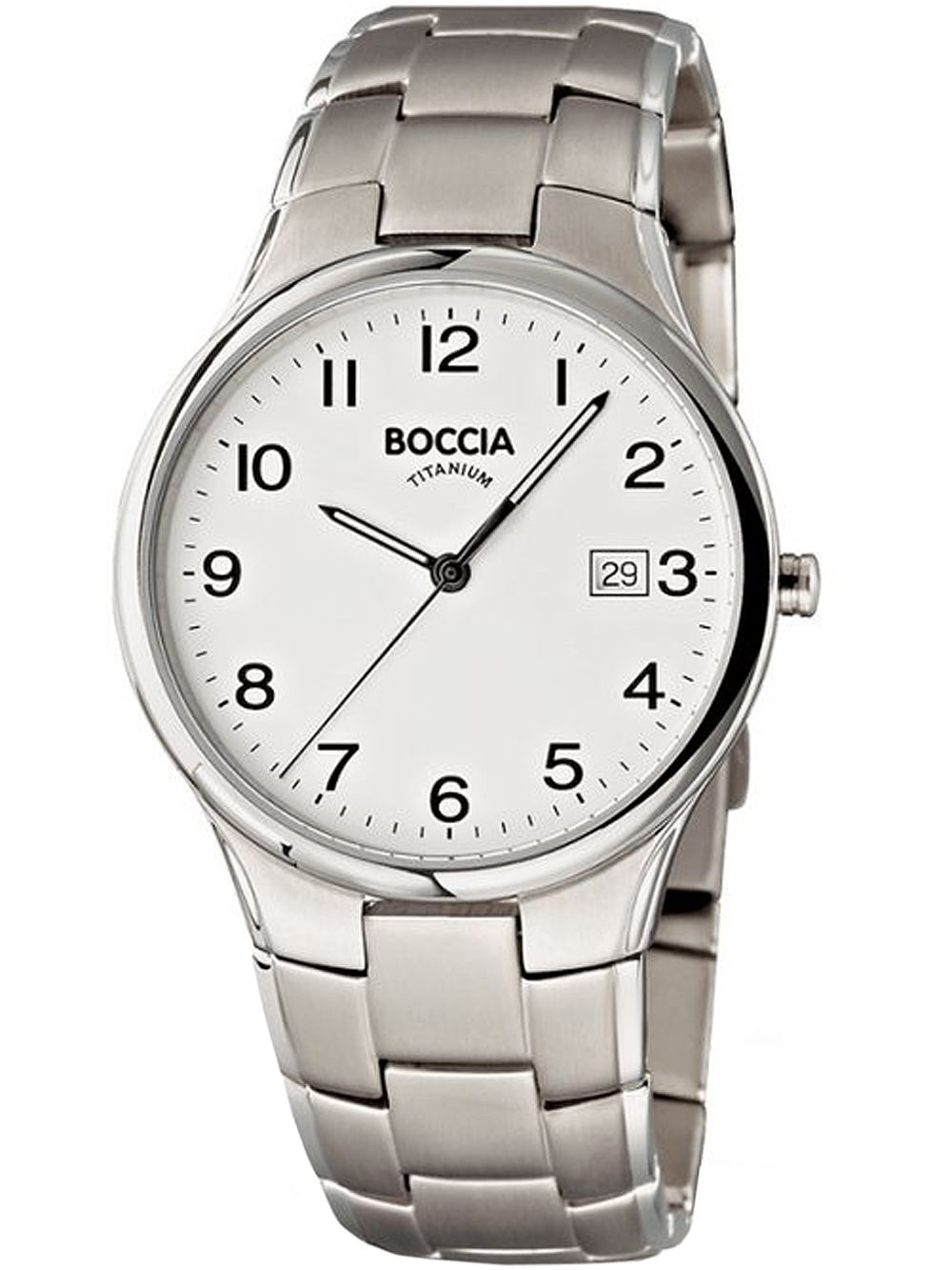 Herrenarmbanduhr Boccia Titanium mit Titangehäuse und Mineralglas, silbernes Zifferblatt.