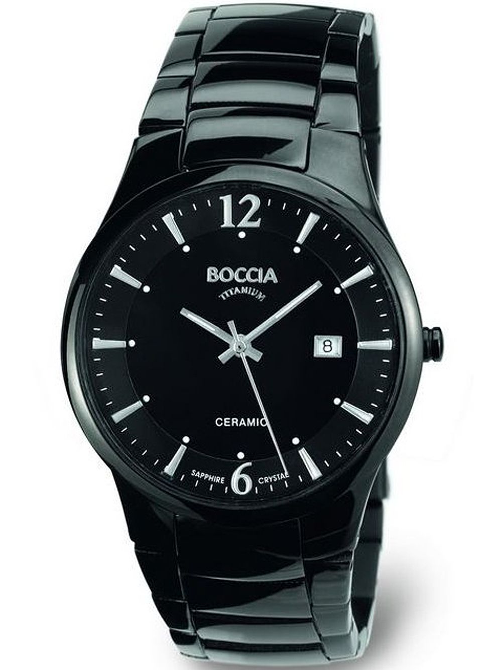 Herrenarmbanduhr Boccia mit schwarzem Keramikband, schwarzem Zifferblatt, Datumsfenster