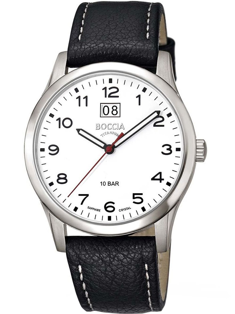 Herrenarmbanduhr mit schwarzem Lederband, weißem Zifferblatt, Titangehäuse und Saphirglas