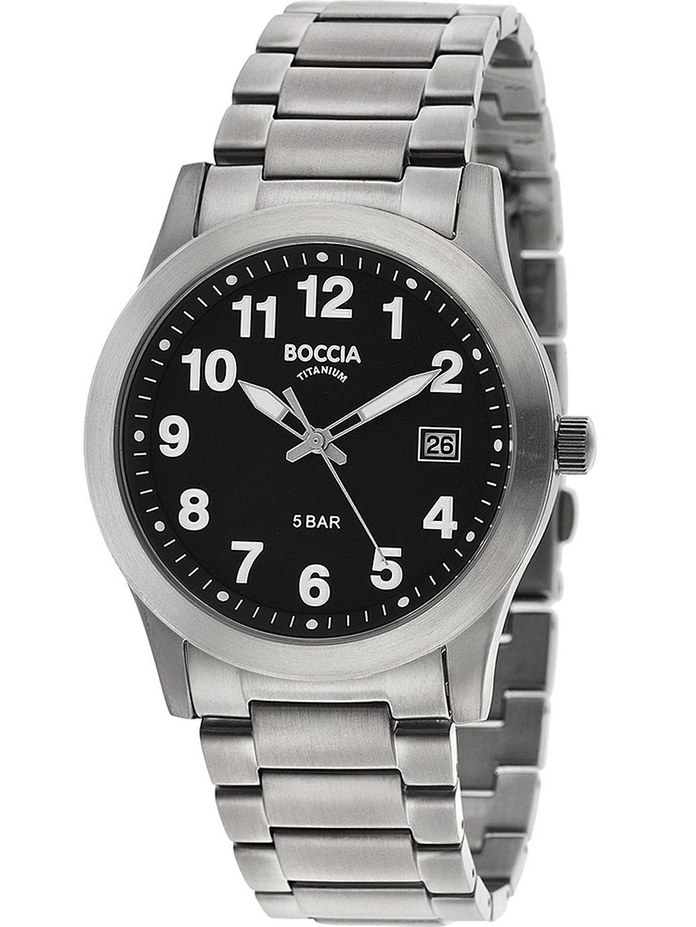 Herrenarmbanduhr Boccia mit Titanschließe, schwarzem Zifferblatt und Datumsanzeige
