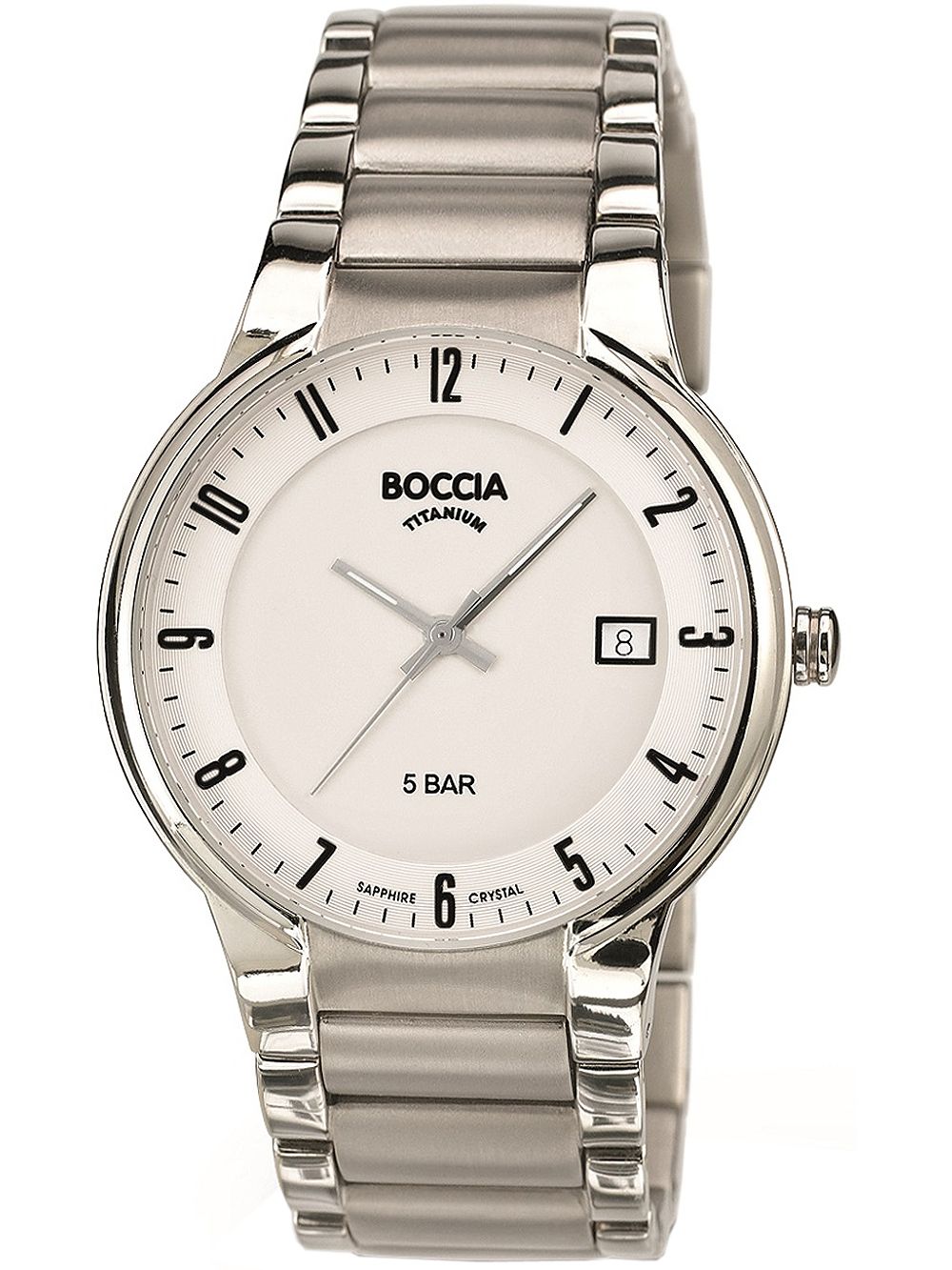 Herrenarmbanduhr Boccia Titanium mit silbernem Metallarmband, weißem Zifferblatt und Datumsanzeige