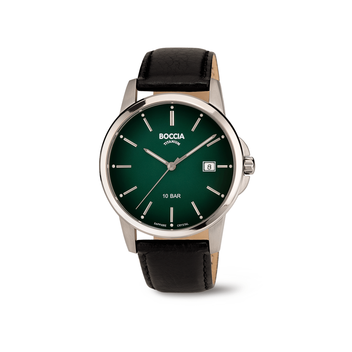 Herrenarmbanduhr Boccia mit Saphirglas: dunkles Lederband, grünes Zifferblatt, Titan-Look.