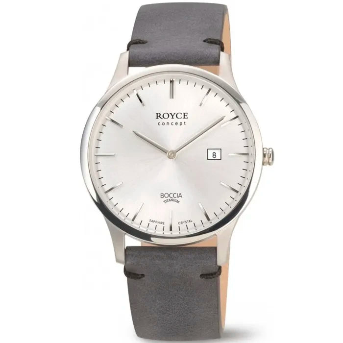 Boccia Titanium Herrenarmbanduhr mit grauem Lederband, rundem Titan-Gehäuse, weißem Zifferblatt, Datum