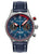 Herrenuhr mit dunkelblauem Lederarmband, silbernem Gehäuse und Chronographenzifferblatt