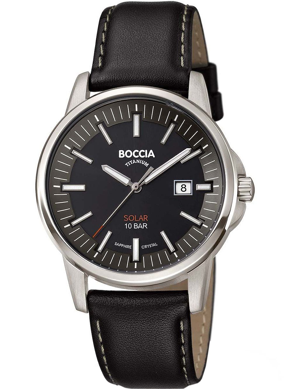 Herrenarmbanduhr Boccia mit schwarzem Lederband, schwarzem Zifferblatt, Solar und 10 bar