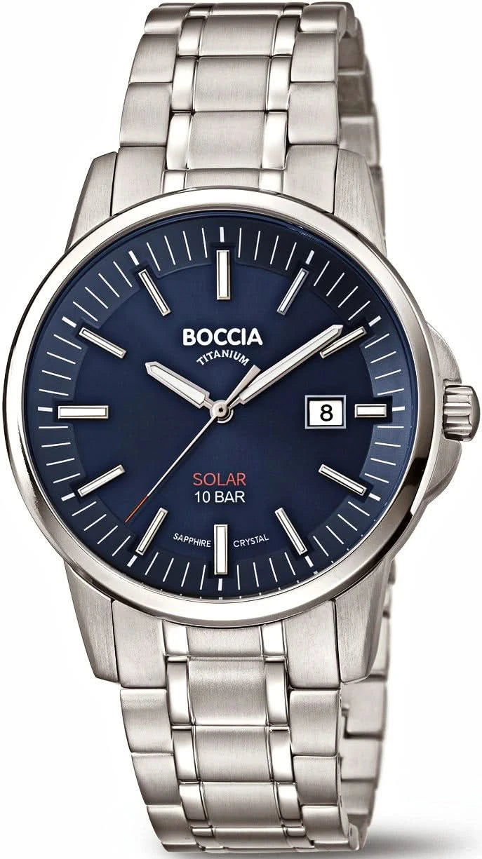 Boccia herrklocka med metallarmband och blå urtavla, streckindex och datumvisning