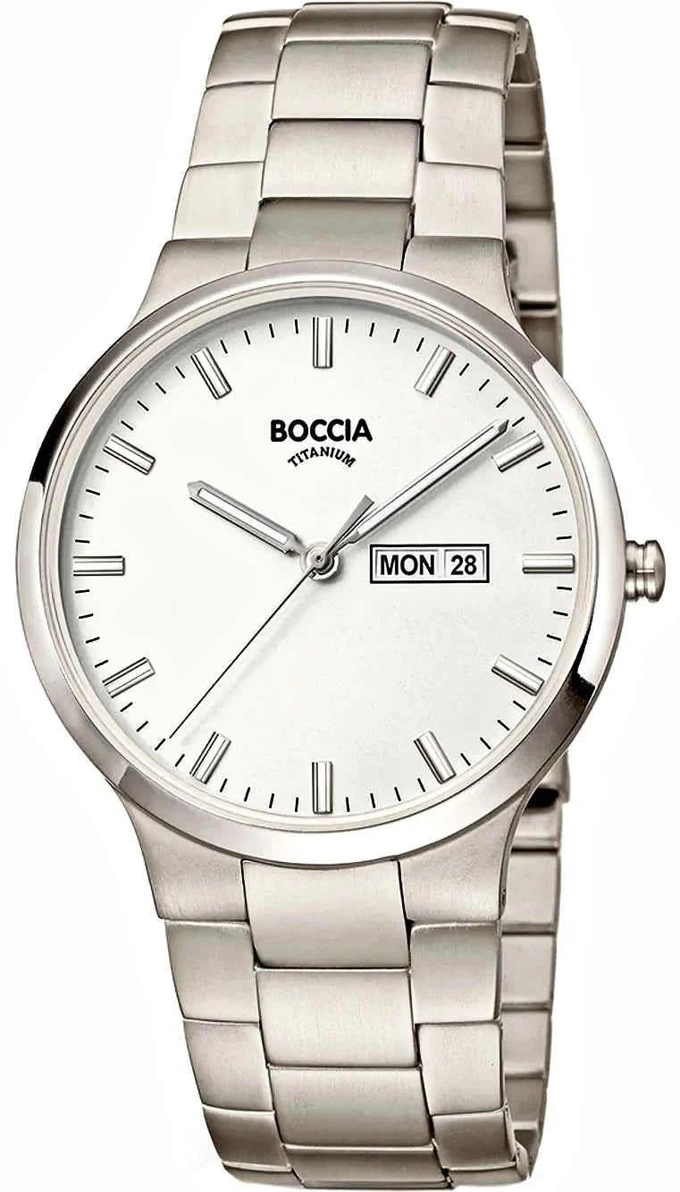 Boccia titanarmbandsur för män: silverfärgat rostfritt stållänkband, rund boett, vit urtavla med datum