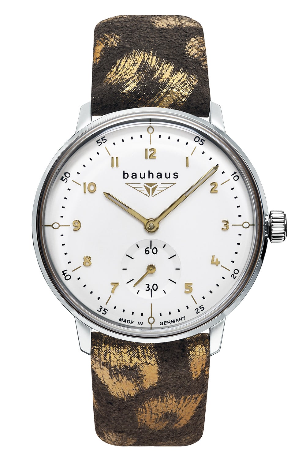 Damenuhr mit rundem Zifferblatt, kleiner Sekunde und Lederarmband in Grau-Gold-Optik