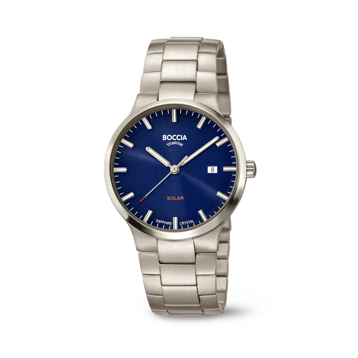 Herrenarmbanduhr Boccia mit Solarwerk, blauem Zifferblatt und Edelstahlarmband